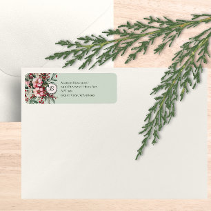 Etiqueta Rocía floral rosa de Navidad con monograma elegant