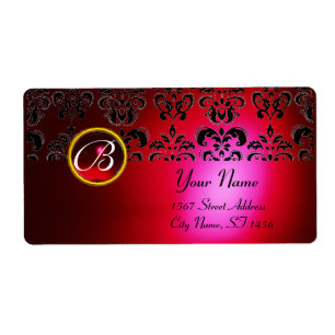 ETIQUETA ROJO BURGUNDY BLACK DAMASK MONOGRAM, RUBY