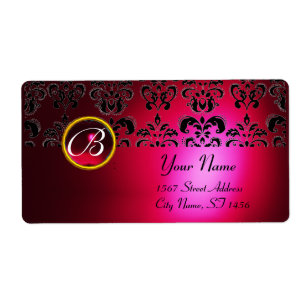 ETIQUETA ROJO BURGUNDY BLACK DAMASK MONOGRAM, RUBY