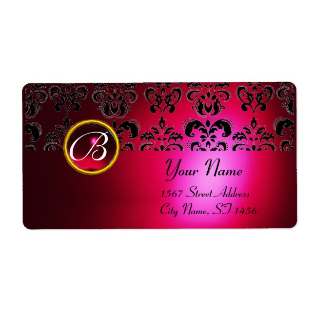 ETIQUETA ROJO BURGUNDY BLACK DAMASK MONOGRAM, RUBY (Frente)