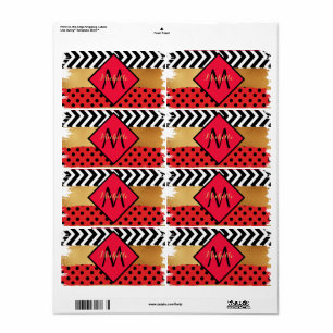 Etiqueta Rojo Purpurina de oro negro broche de broca monogr