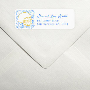 Etiqueta Romántico Blue Tile Citrus Lemon Boda de lujo