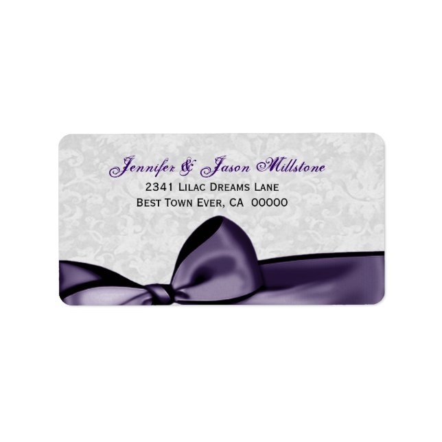 Etiqueta Romántico Morado Bow SIlver Damask Wedding (Frente)