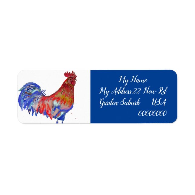 Etiqueta Rooster Rojo acuarela Pollo Cockerel Pájaro Azul (Frente)