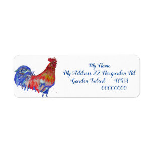 Etiqueta Rooster Rojo acuarela Pollo Cockerel Pájaro Azul