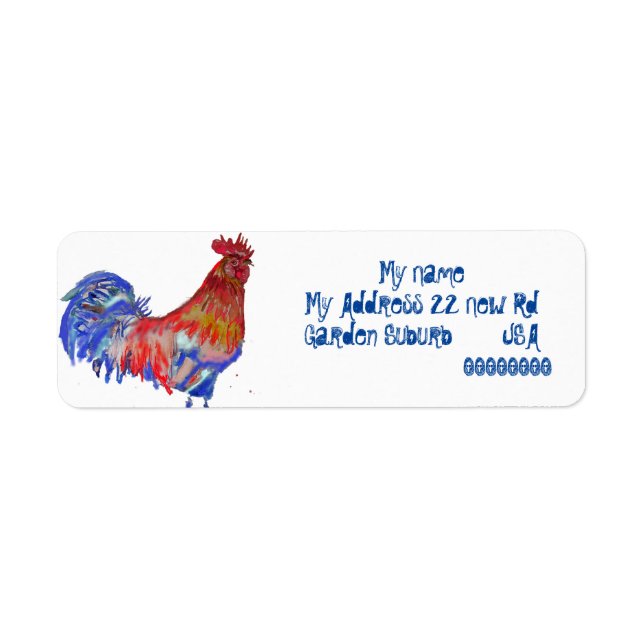 Etiqueta Rooster Rojo acuarela Pollo Cockerel Pájaro Azul (Frente)