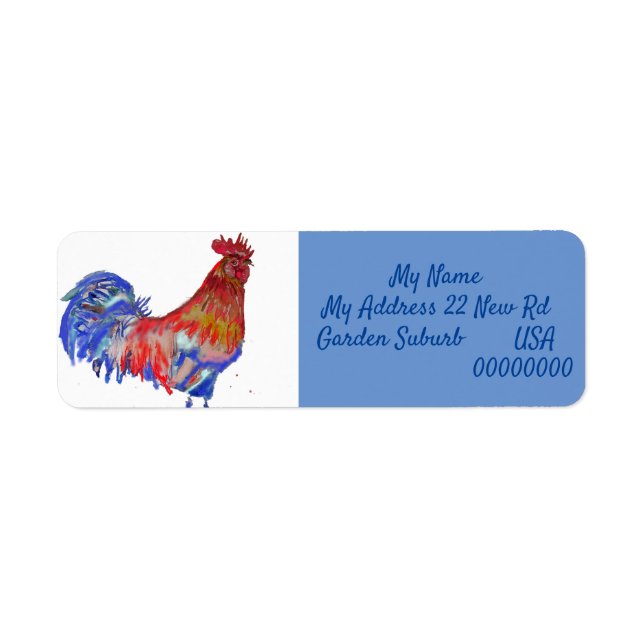 Etiqueta Rooster Rojo acuarela Pollo Cockerel Pájaro Azul (Frente)
