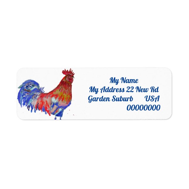 Etiqueta Rooster Rojo acuarela Pollo Cockerel Pájaro Azul (Frente)