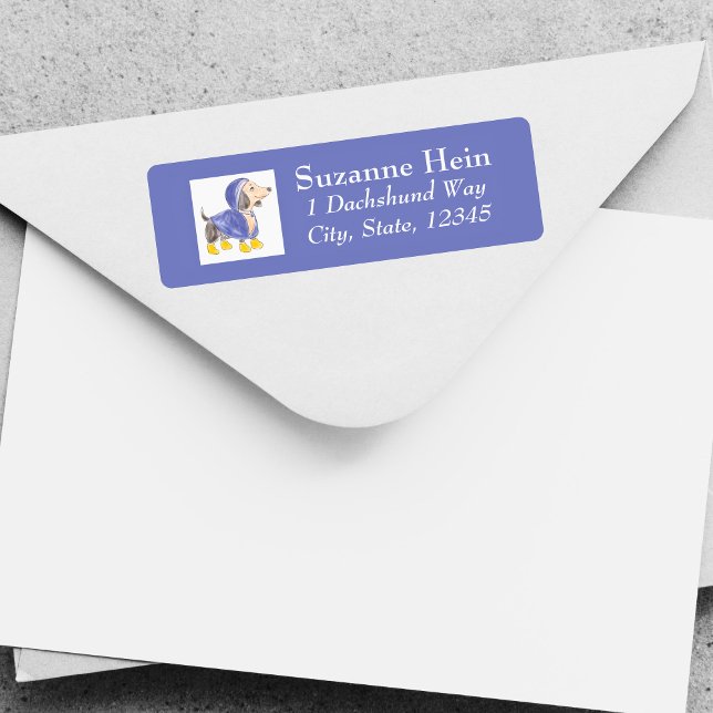 Etiqueta Ropa púrpura amarilla (Purple Yellow Raincoat Dachshund Label)