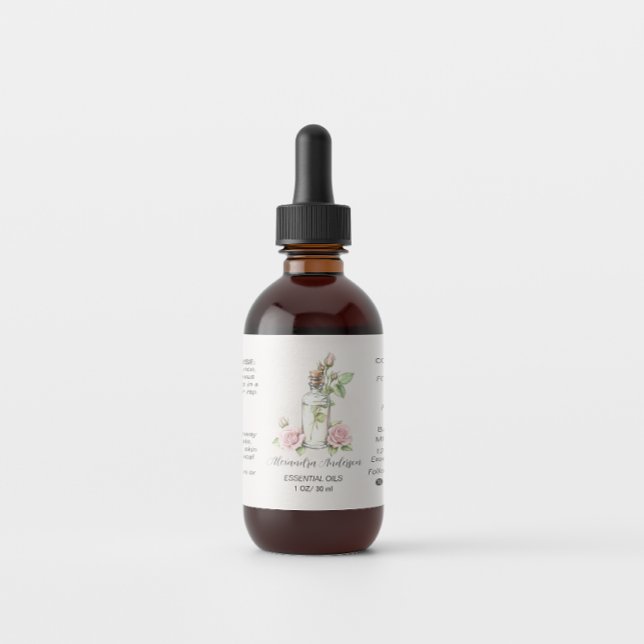 Etiqueta Rosa Aceites Esenciales Botella Acuarela Floral (Rose Essential Oils Bottle Watercolor Floral Label)