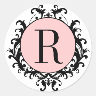 Etiqueta rosa de Damask Monograma R Boda blanco ne