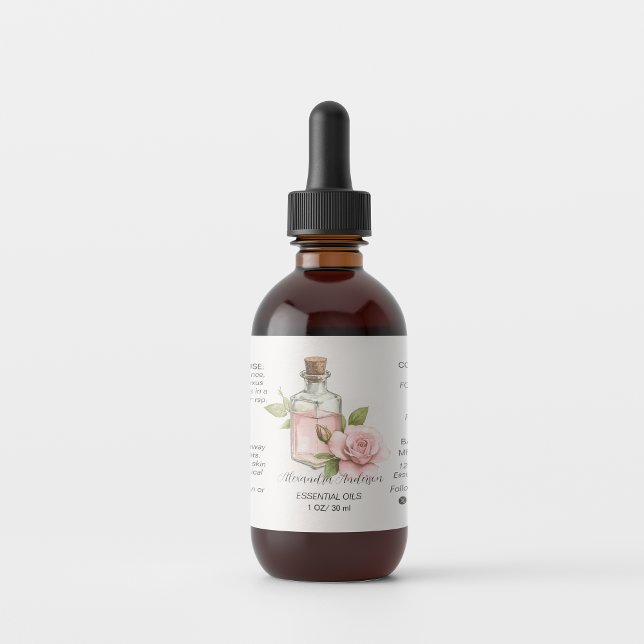Etiqueta Rosa natural aceites esenciales acuarela Floral (Natural Rose Essential Oils Watercolor Floral Label)