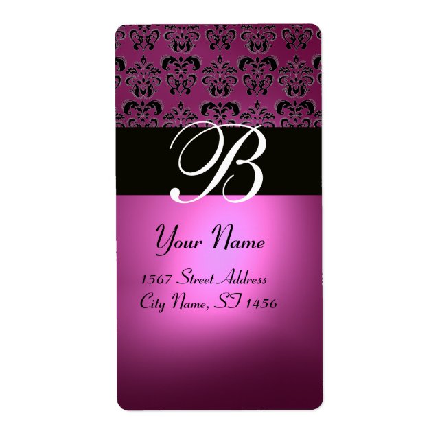 ETIQUETA ROSA NEGRA FUCHSIA PURPLE AMETHYST DAMASK MONOGRAM (Frente)