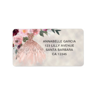 Etiqueta Rosa Purpurina Dorado Floral Quinceañera