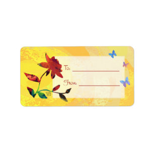 Etiqueta Rosa roja sobre amarillo con las mariposas dando e