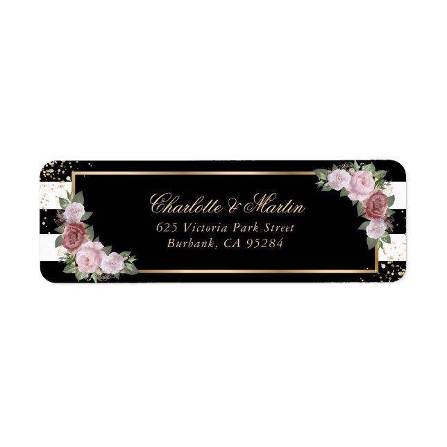 Etiqueta Rosa rosa negra blanca moderna confeti dorado rubo (Frente)