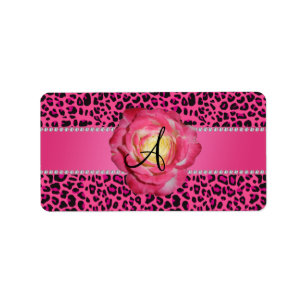 Etiqueta Rosa rosada de leopardo rosa monogramo