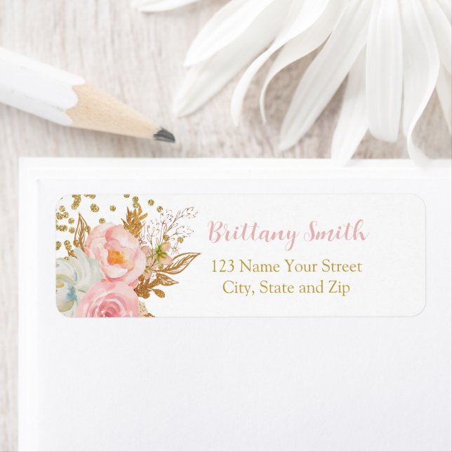 Etiqueta rosa y dorado floral (In situ)