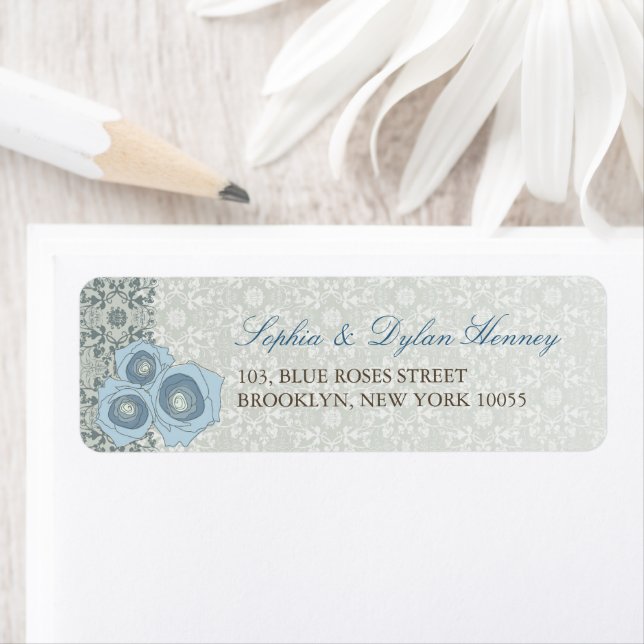 Etiqueta Rosas azules Damask Lace Elegant Wedding Address (In situ)