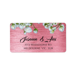 Etiqueta Rosas blancas y Boda moderno rosado metálico