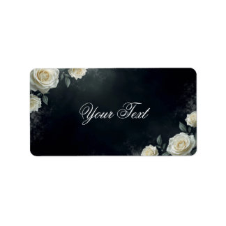 Etiqueta Rosas de boda blancas elegantes sobre fondo negro