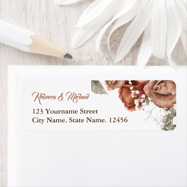 Etiqueta Rosas Naranjas quemados Boda Floral de Terracotta (In situ)