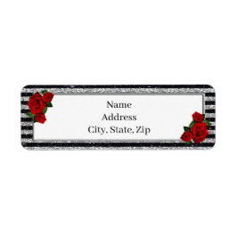 Etiqueta Rosas rojas plateadas Bandas negras Dirección