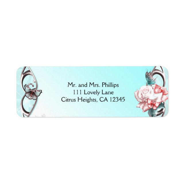 Etiqueta Rosas y mariposas en la fiesta de cumpleaños (Frente)