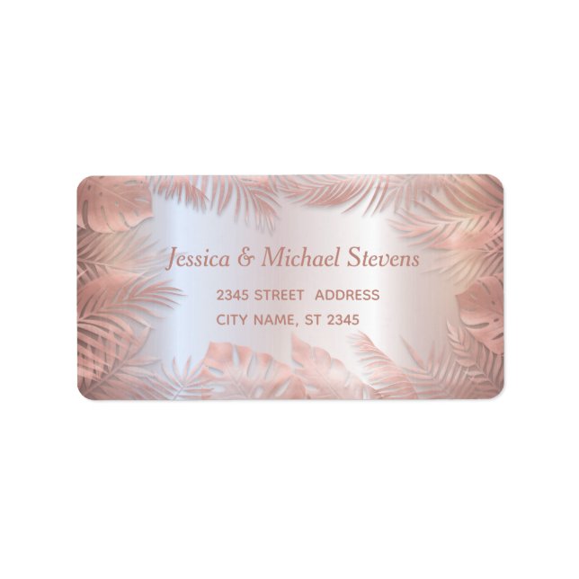 Etiqueta Rose gold foil metallic tropical leaves romantic (Frente)