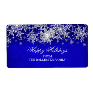Etiqueta Royal Blue Crystal Pearl Snowflake Felices Fiestas