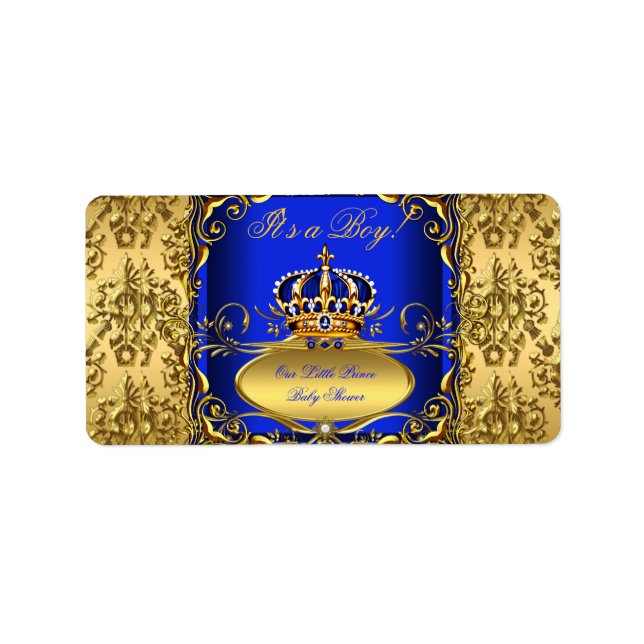 Etiqueta Royal Blue Damask Gold Crown Baby Shower Boy RB3 (Frente)