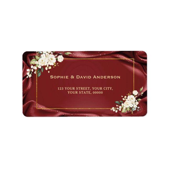 Etiqueta Royal Burgundy White Flowers Gold Christening (Frente)