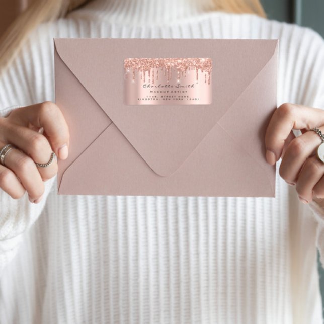 Etiqueta RSVP Rosa Gold Sparkly Purpurina de maquillaje (Drips RSVP Rose Gold Sparkly Glitter Makeup Bridal Label)