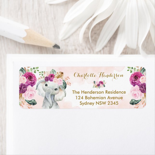 Etiqueta Rubor Purple Floral Elephant Boho Baby Girl (In situ)