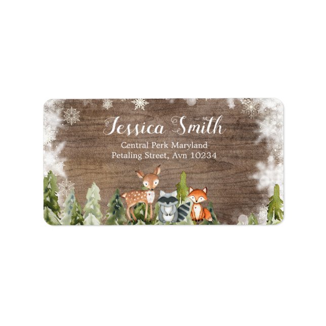Etiqueta Rustic Winter Animals Woodland Birthday Address (Frente)