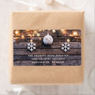 Etiqueta Rustic Wood Lights Stars Feliz Navidad