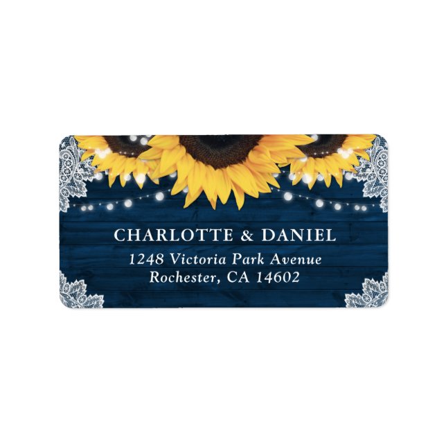 Etiqueta Rustic Wood Navy Blue Sunflower Wedding Address (Frente)