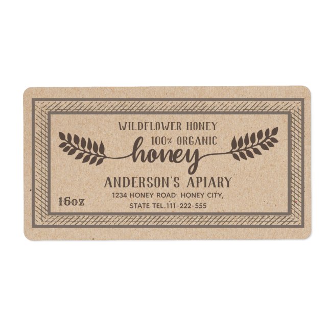 Etiqueta Rústica cosecha Kraft caligrafía ramificación miel (Frente)