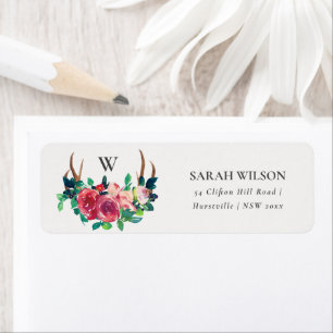 Etiqueta Rústica dirección del Boho Red Floral Stag Antlers