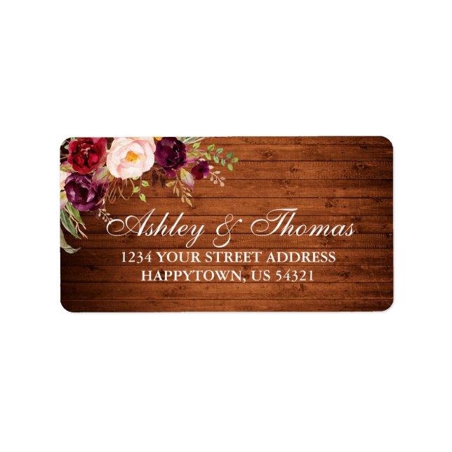 Etiqueta Rústico Boda Wood Burgundy Floral Dirección (Frente)