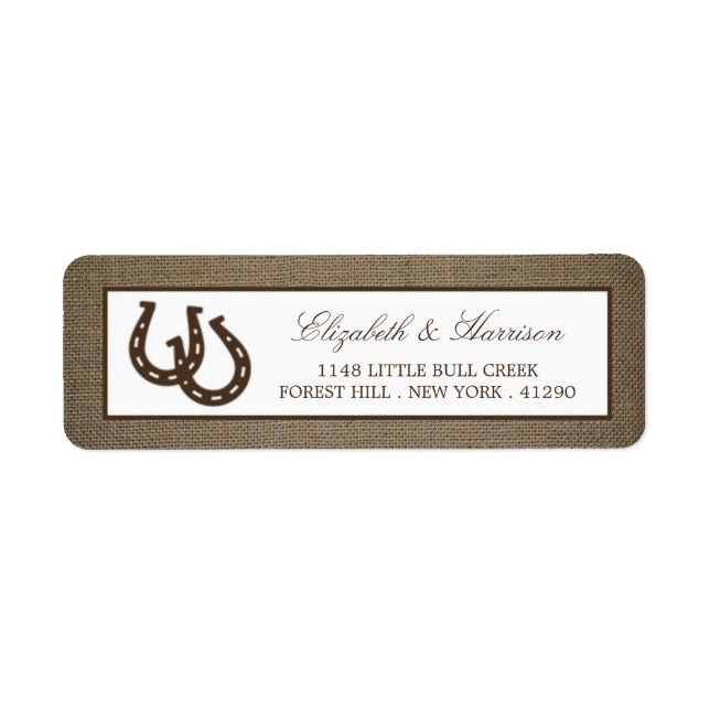 Etiqueta Rústico Herradura Del País En El Boda Burlap (Frente)
