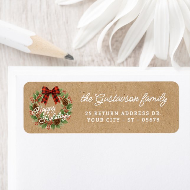 Etiqueta Rústico Holly Wreath Red Black Checkup Bow (In situ)