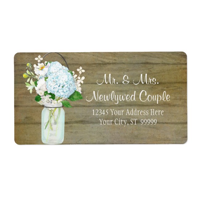 Etiqueta Rústico País Mason Jar Blue Hydrangeas (Frente)