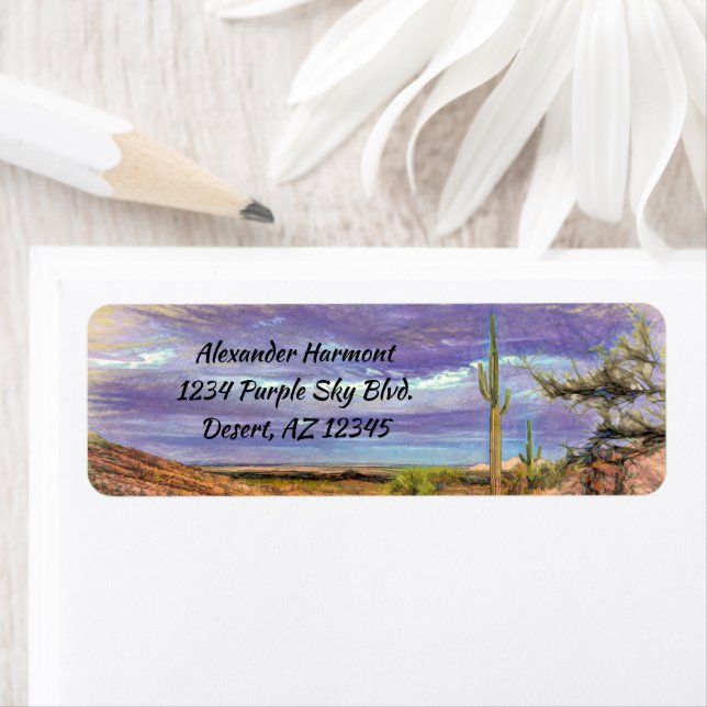 Etiqueta Saguaro Cactus Purple Sky Arizona Vista del desier (In situ)