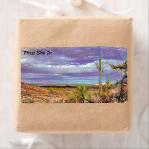 Etiqueta Saguaro Cactus Purple Sky Arizona Vista del desier
