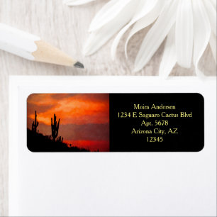 Etiqueta Saguaro Cactus Silhouette Arizona Red Sunset