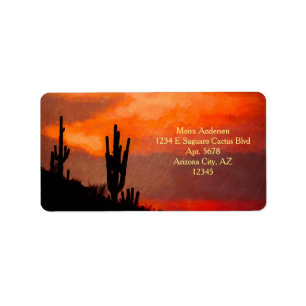 Etiqueta Saguaro Cactus Silhouette Arizona Red Sunset
