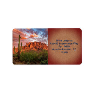 Etiqueta Saguaro Cactus Superstition Mountain Nubes de sol