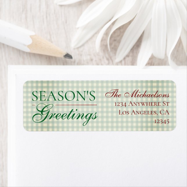Etiqueta Saludos de temporada a los Navidades de Gingham (In situ)