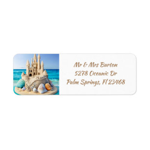 Etiqueta Sandcastle y Seashells en la playa